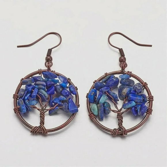 Rustic Antique Copper Lapis Lazuli Tree of Life Gemstone Beads Dangle Earrings - Picture 1 of 1